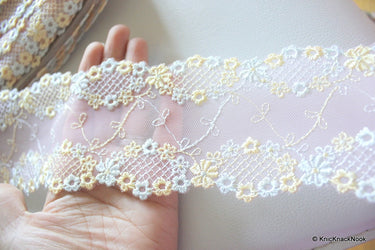 Wholesale Light Pink Soft Net Lace Trim With Embroidered Yellow And Blue Flowers 85mm wide, Floral Lace, Soft Lace Trim